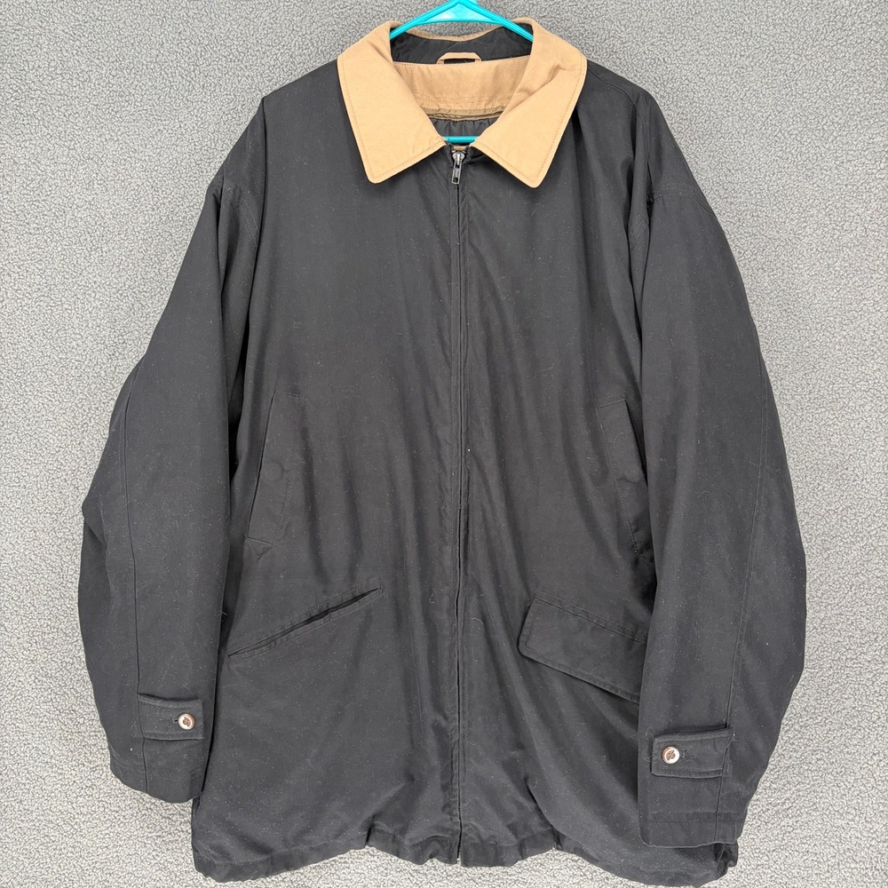 London Fog Limited Edition Mens XL Long Black Harrington Jacket Tan Collar